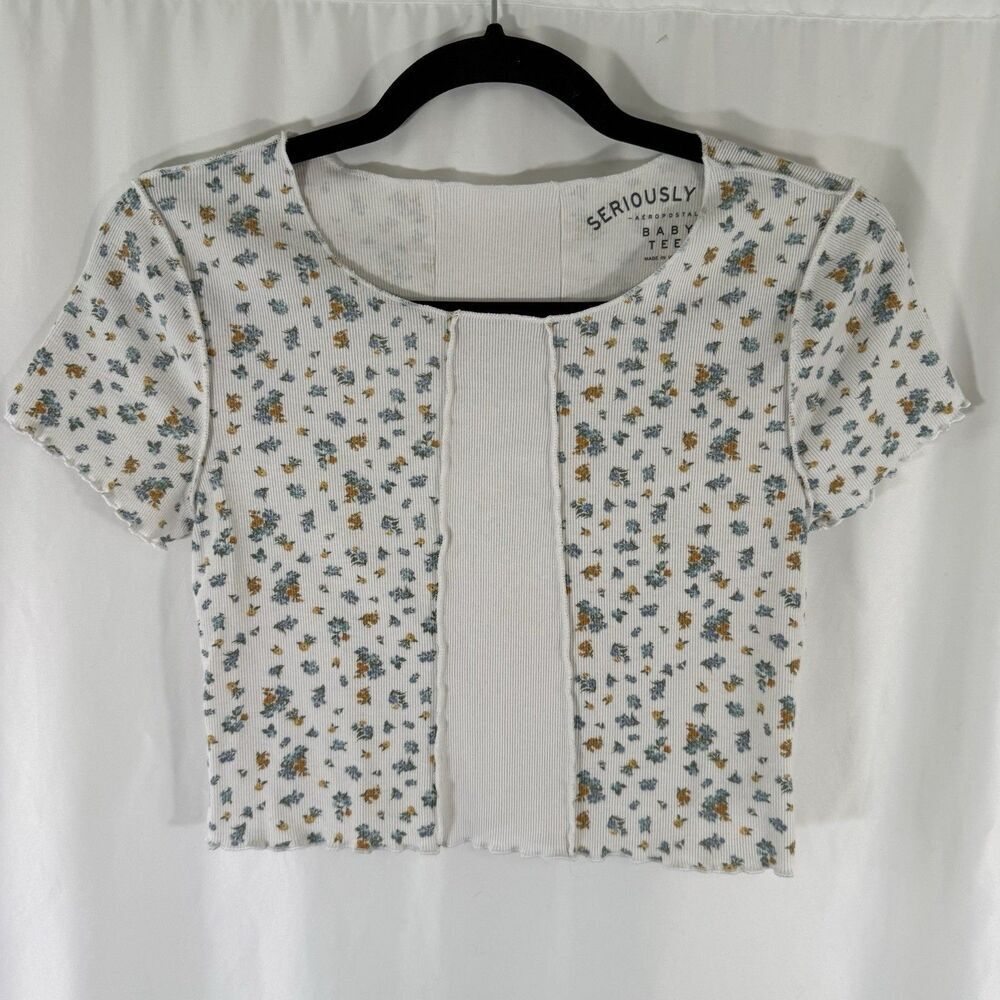 Aeropostale Baby Tee Women's Medium White Floral Ribbed Short Sleeve Soft